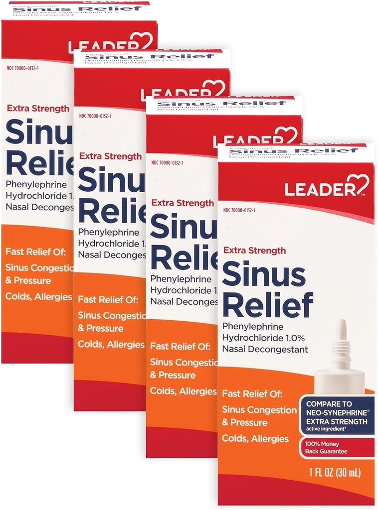 Leader Rilievo del seno ad alta resistenza, Azione veloce, Decongestante del seno, Spray di congestione nasale, Freddo e Allergia 30 mL Bottiglia (confezione 4)