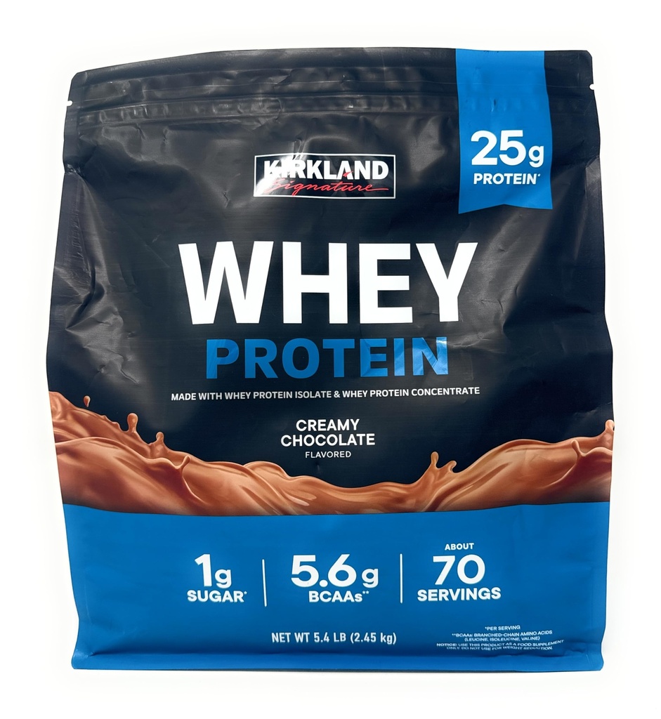 Kirkland Signature Whey 25g Protein, 1g zucchero, 5.6g BCAA, circa 70 Serve Cremoso aromatizzato al cioccolato