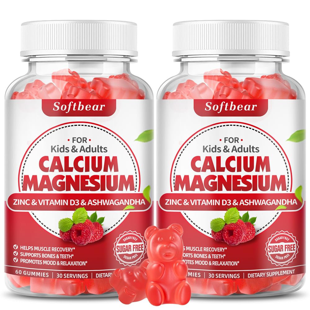 Softbear Calcium Magnesium Zinc Gummies for Adult & Kids, Suárgr-Free Calcium Magnesium Zinc D3 Supplemento per Bone Strength & Immune Health, Raspberry Flavor 120 Count