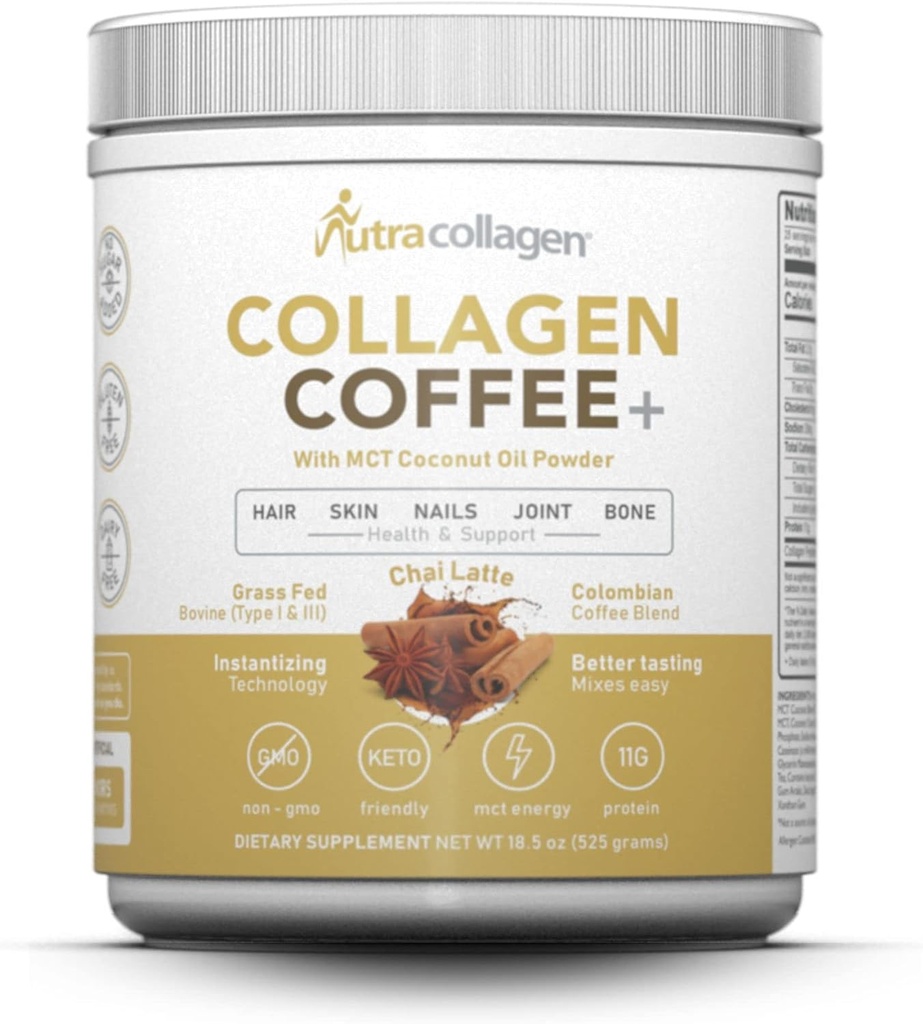 Polvere proteica NUTRACOLLAGEN combinata con il caffè colombiano Premium; Grass-Fed, Non OGM, Peptidi 12g, MCT olio di cocco, Soy Free, Gluten Free, Sugar Free, 40mg Caff/Srving; Chai Latte 25 Srvg