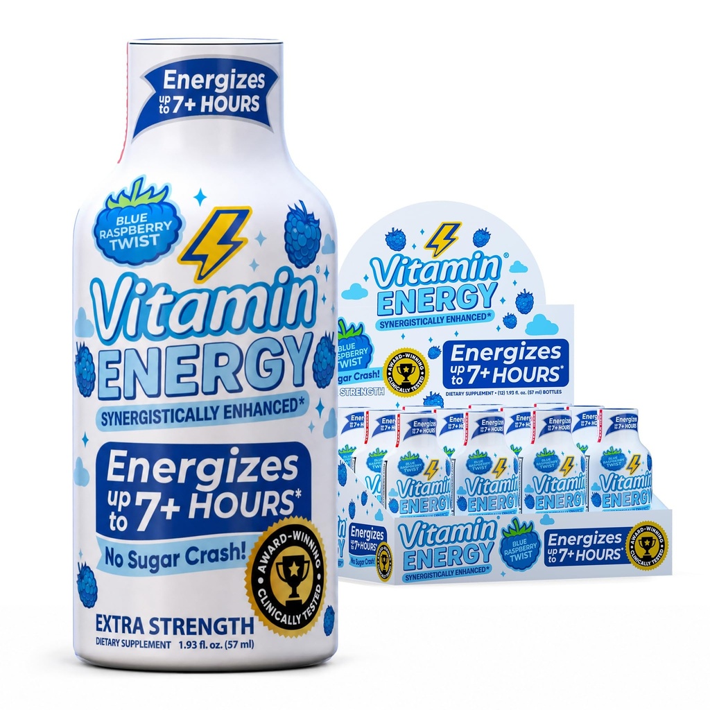 Vitamina Energy Immune+ Extra Strength Energy Shot Blue Raspberry 12 Pack, 260mg Natural Caffeine, B-Vitamins, Citicoline, Green Tea, Immunity & Focus Support, Zero Sugar, Gluten-Free 1.93 fl oz