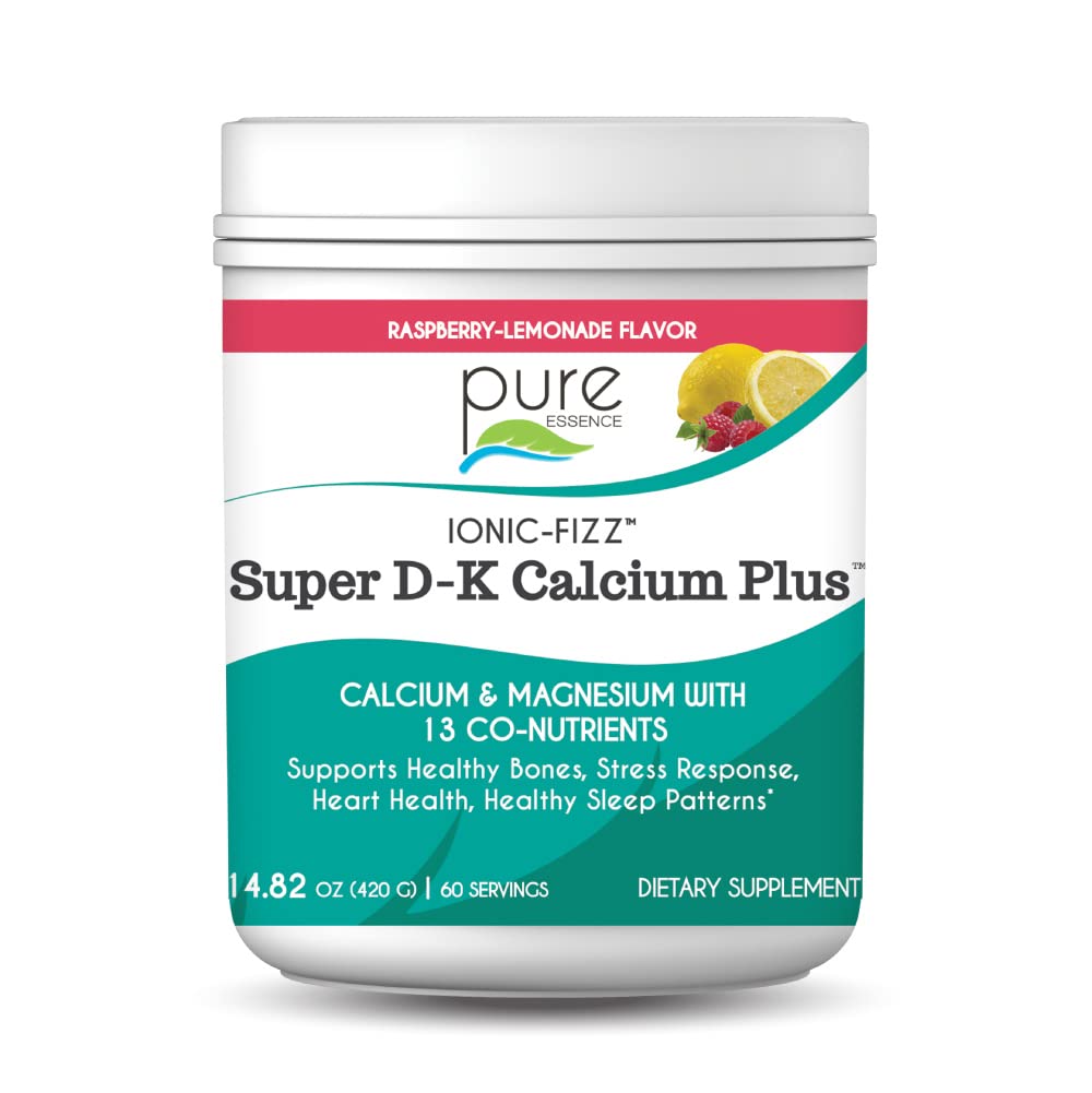 Ionic Fizz Super D-K Calcium Plus di Pura Essence - con Magnesio Extra, Vitamina D3, Vitamina K2 per Forte Bones e Supporto Stress - Raspberry Lemonade - 14.82oz