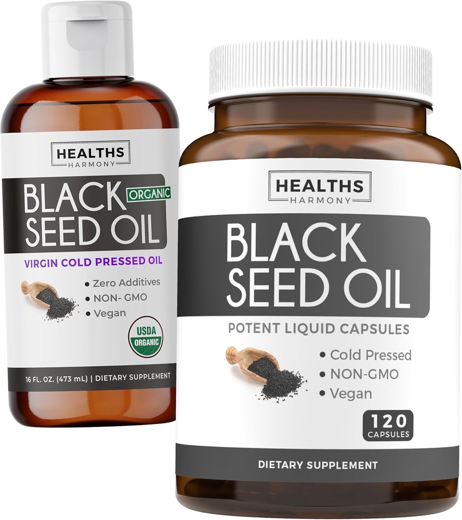 Liquido dell'olio di semi nero & Soft-Gels (2-Month) Liquido dell'olio di semi neri & Capsule Combo (16fl.oz & 120 Soft-Gel Capsules) Olio di semi di semi neri 100% Premium Nigella Sativa Black Cumin Seed Oil (non OGM)