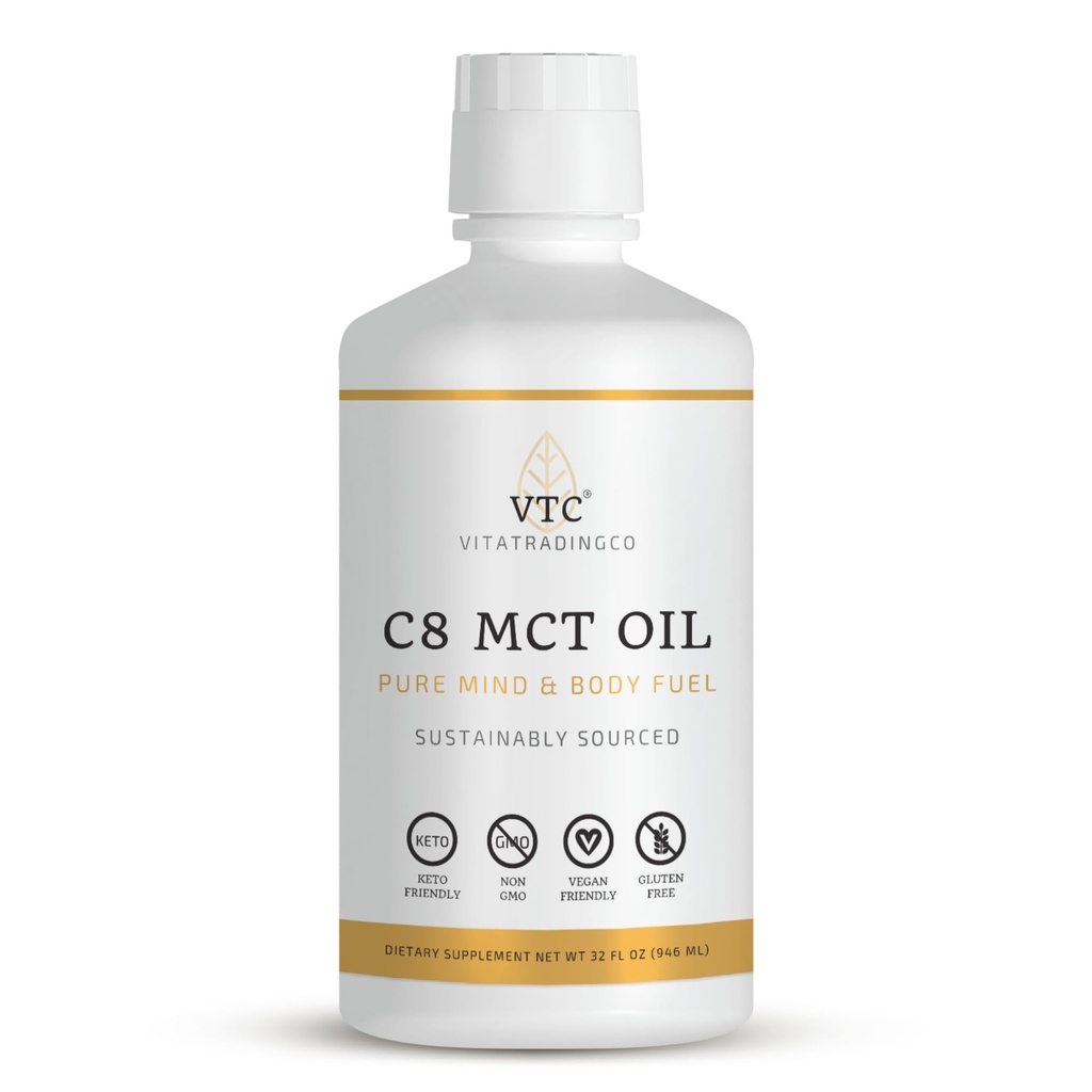 VTC VitaTradingCo. 100% Pure C8 MCT olio | 3X Distilled Caprylic Acid | Grasso sano per l'energia pulita | Sustainably Sourced | Non-GMO, Paleo, Keto | 32oz, 64 Servings (Unflavored)