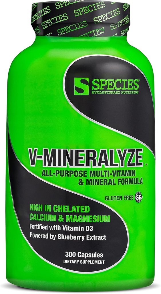 Specie Nutrizione V-Mineralyze All-Purpose Multivitamina, Vitamina C e D3, Minerali di Chelato, Estratto di Mirtillo con Proprietà Antiossidanti, 300 Capsule