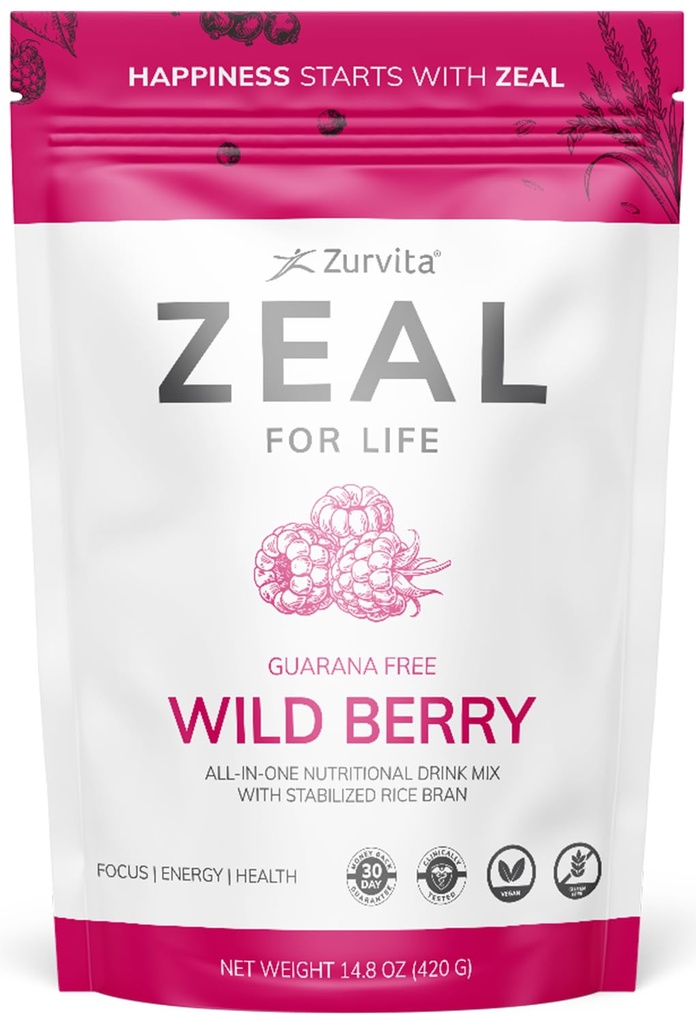 Zurvita - Zeal for Life 30-Day Wellness Bag - Wild Berry (Guarana Free) - Integratore nutrizionale per la vitalità, l'immunità e il benessere - 420 Grammi