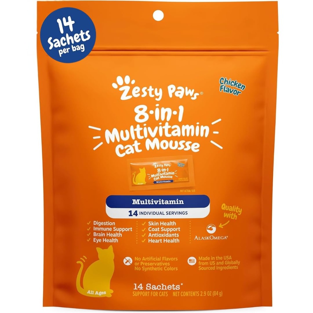 Zesty Paws 8-in-1 Multivitamin Cat Vitamine & Supplementi Mousse - Vitamine di gatto per gatti interni - Sano Treat Squeeze Up per Gut, Immune, Cuore, Skin & Coat Support - Pollo 14ct