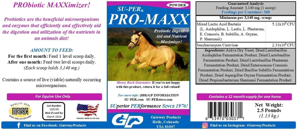 SU-PER Pro-Maxx Probiotici per cavalli - Equine Digestive Aid e Nutriente Maximizer - Mantiene la salute e l'equilibrio microbiale del Gut corretto - 2.5 Pound, (2 Pack)
