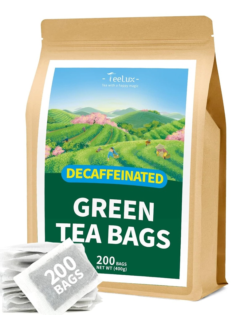 TeeLux Decaf tè verde, tè verde decaffeinato puro, eccellente antiossidante, tè caldo e freddo, 200 conte