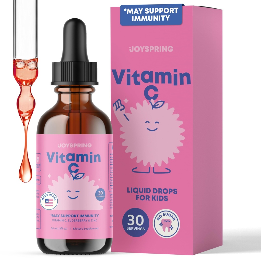 JoySpring vitamina C e zinco per bambini, supplemento liquido di sambuco | Vitamina C | 2+ anni | (2 fl oz) 30 Serve