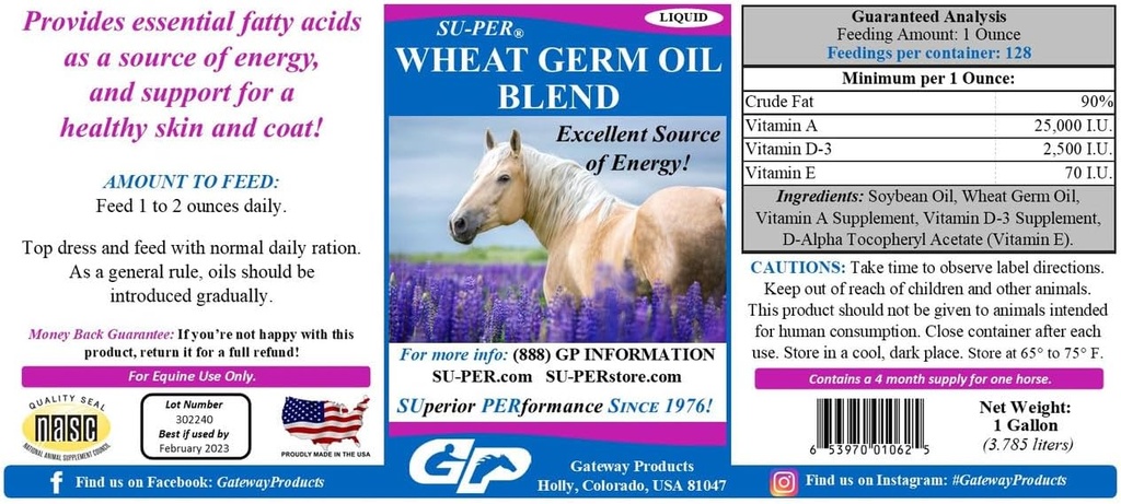 SU-PER Wheat Germ olio miscela per cavalli - Supporta energia, resistenza, stamina, pelle sana e cappotto - acidi grassi essenziali, vitamine e minerali - 1 gallone, 4 mesi di alimentazione