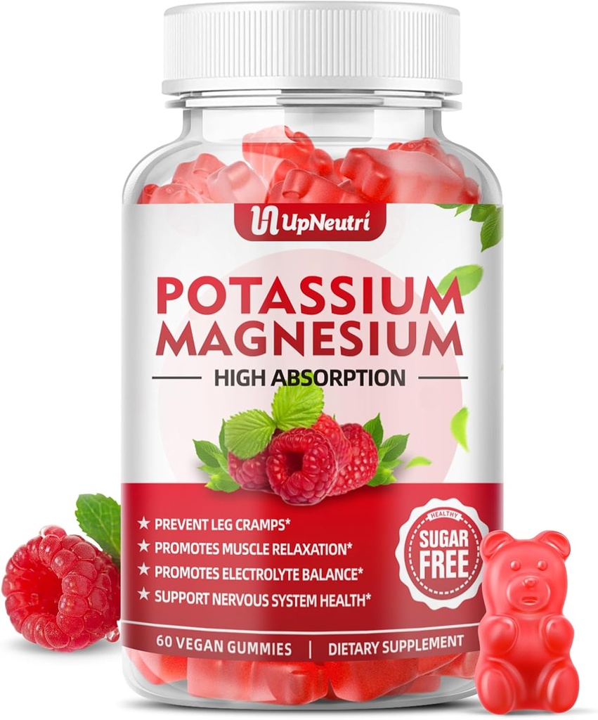 Gummie di Magnesio di potassio per bambini adulti, Gummie di citrato di potassio senza zucchero supporta Crampe di gambe e la salute del muscolo e del cuore, Glycinate di magnesio vegano Gummies Raspberry Flavor 60 Cts