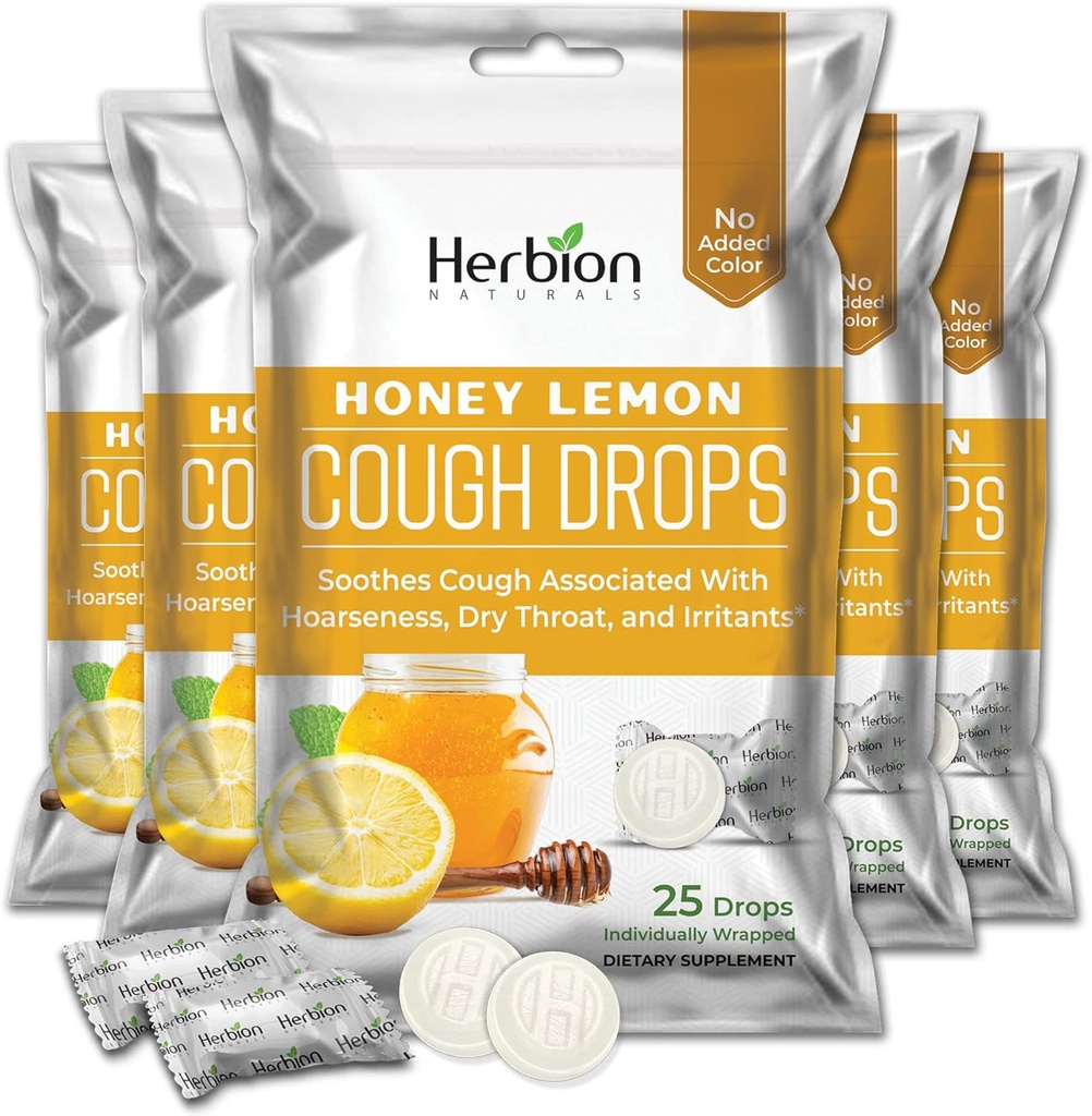 HERBION Naturals Cough Drops with Honey Lemon Flavor, Dietary Supplement, Soothes Cough, for Adults and Children Over 6 Years, 125 Lozenges, Confezione da 5