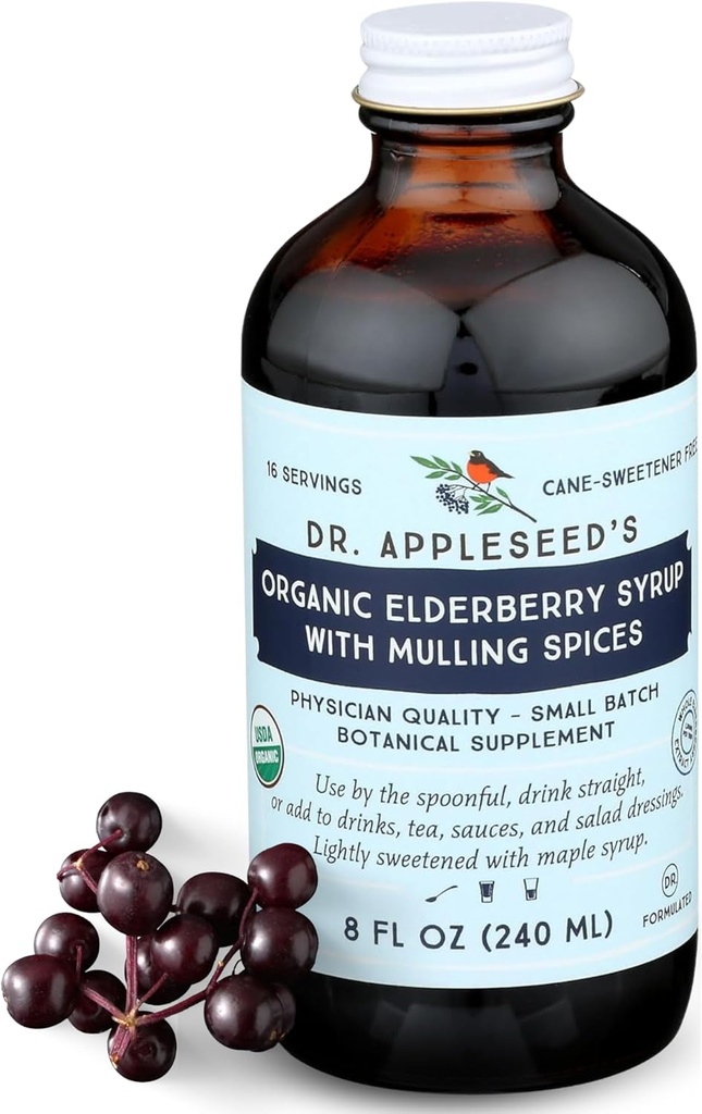 Dr. Appleseed's Organic Elderberry Syrup Max Strength 28.000mg Bambini + Adulti Supplemento giornaliero Immune Medico- Formulato Scienza-Backed Pure Vegan 48 giorni Alimentazione – 8 Fl Oz