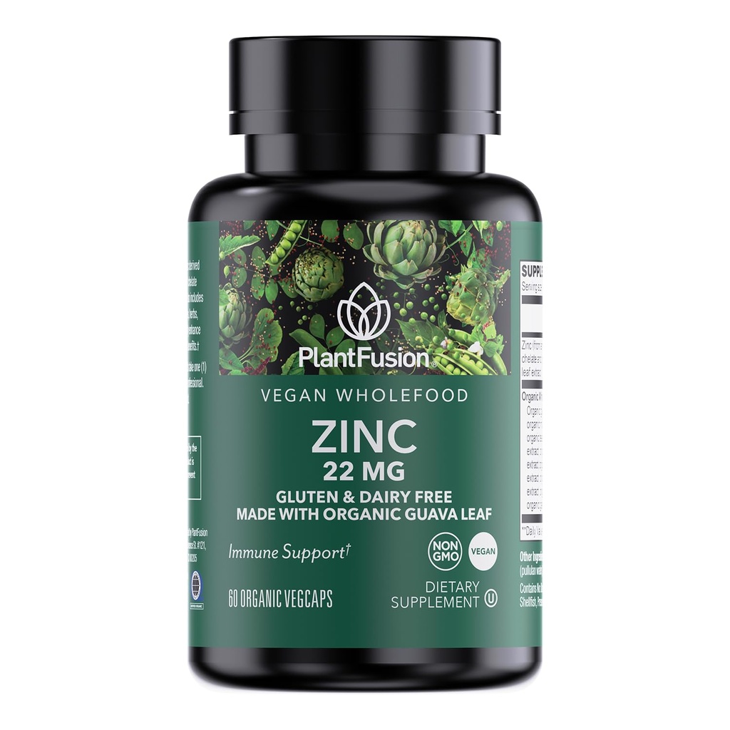 PlantFusion Vegan Zinc Integratori 22 mg – Interfood Complex, Citrato di Zinco Chelato da Foglia di Guava Organica per Supporto Immune, 60 capsule