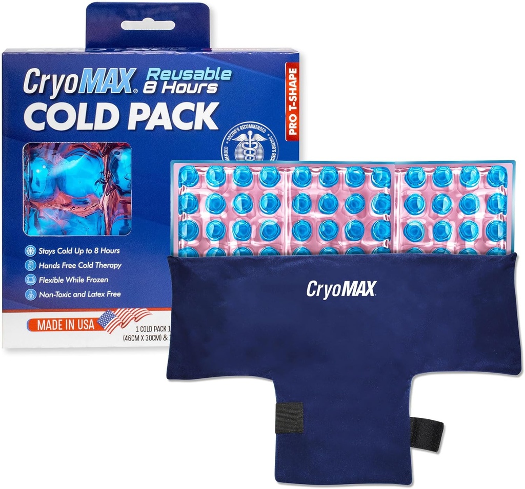 CryoMAX Riutilizzabile Cold Pack - 8-Hour Long-Lasting Cold Therapy Ice Pack, Regolabile Wearable Compress Straps, Best for Pain Relief, lesioni, Hip Surgery Swelling, and Migraines - T-Shape (1 Conte)