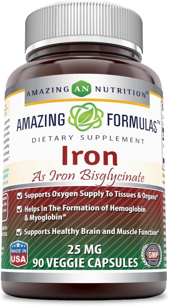 Amazing Formulas Iron come Iron Bisglycinate 25 Mg Veggie Capsules (Non-GMO,Gluten Free) - Supporta l'ossigeno Alimentazione a tessuti & Organs-Helps in La formazione di Hemoglobin&Myoglobin.(90 Veggie Capsules)