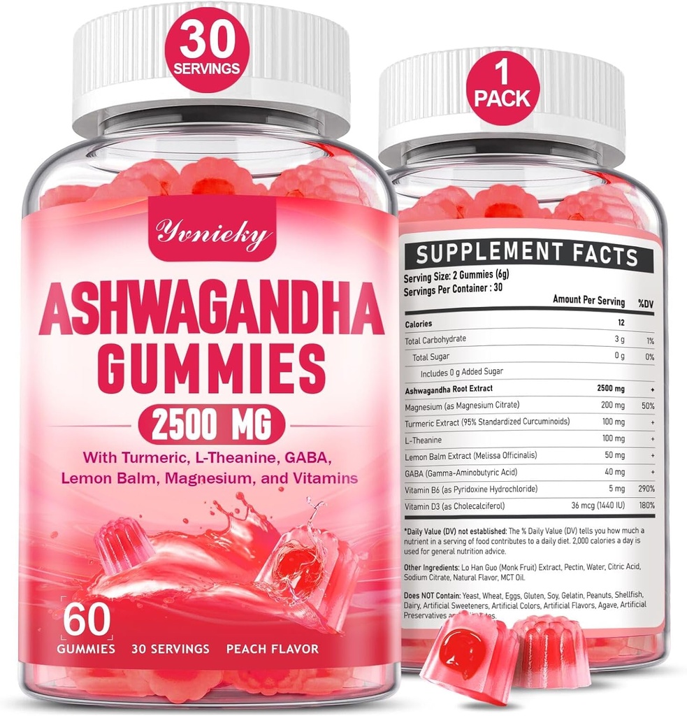 Ashwagandha Gummies 2500mg per le donne e gli uomini: Ashwagandha Supplemento Gummy Extra Forza con curcuma, vitamina D3, L-teanina, magnesio - Gummie riempite, aroma di fragola, Vegan, Non OGM
