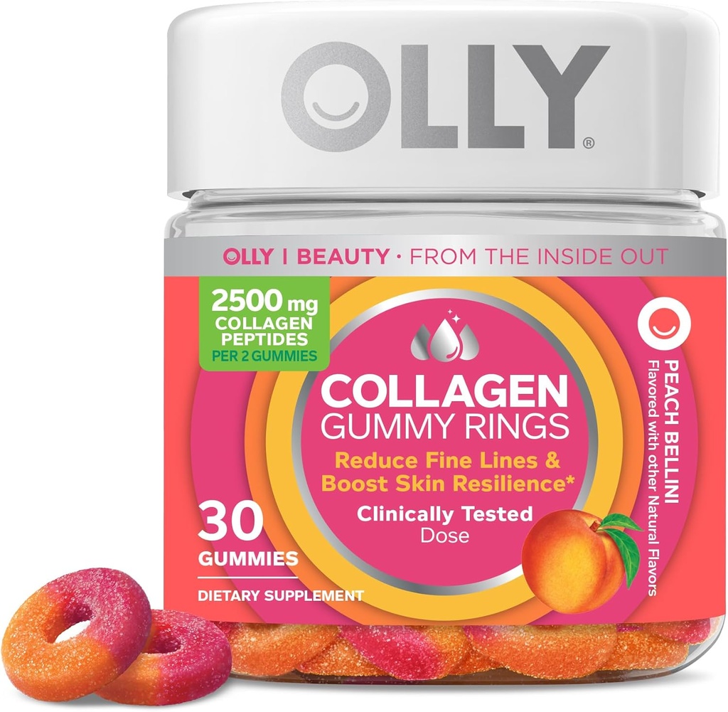 Anelli della pancia del collagene di OLLY, Supporta elasticità della pelle e fermezza, 2.5g Collagene, Clinicamente-Tested, Peach, 15 giorni di alimentazione - 30 conte