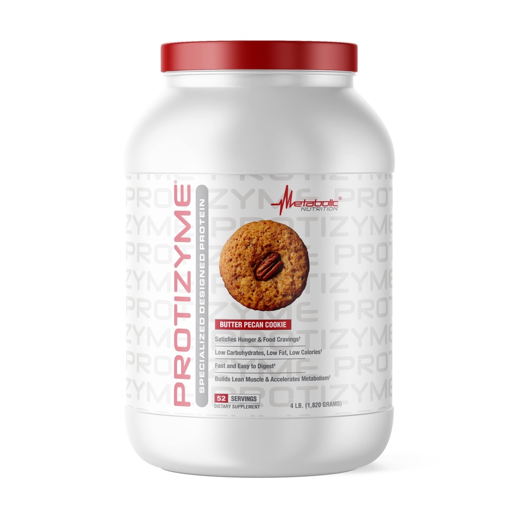 Nutrizione metabolica, Protizyme, Polvere di proteine del siero 100%, Alta proteina, Carbo basso, Proteina di siero di grasso basso, enzimi digestivi, 24 vitamine e minerali essenziali, 4 Pound (52 ser)