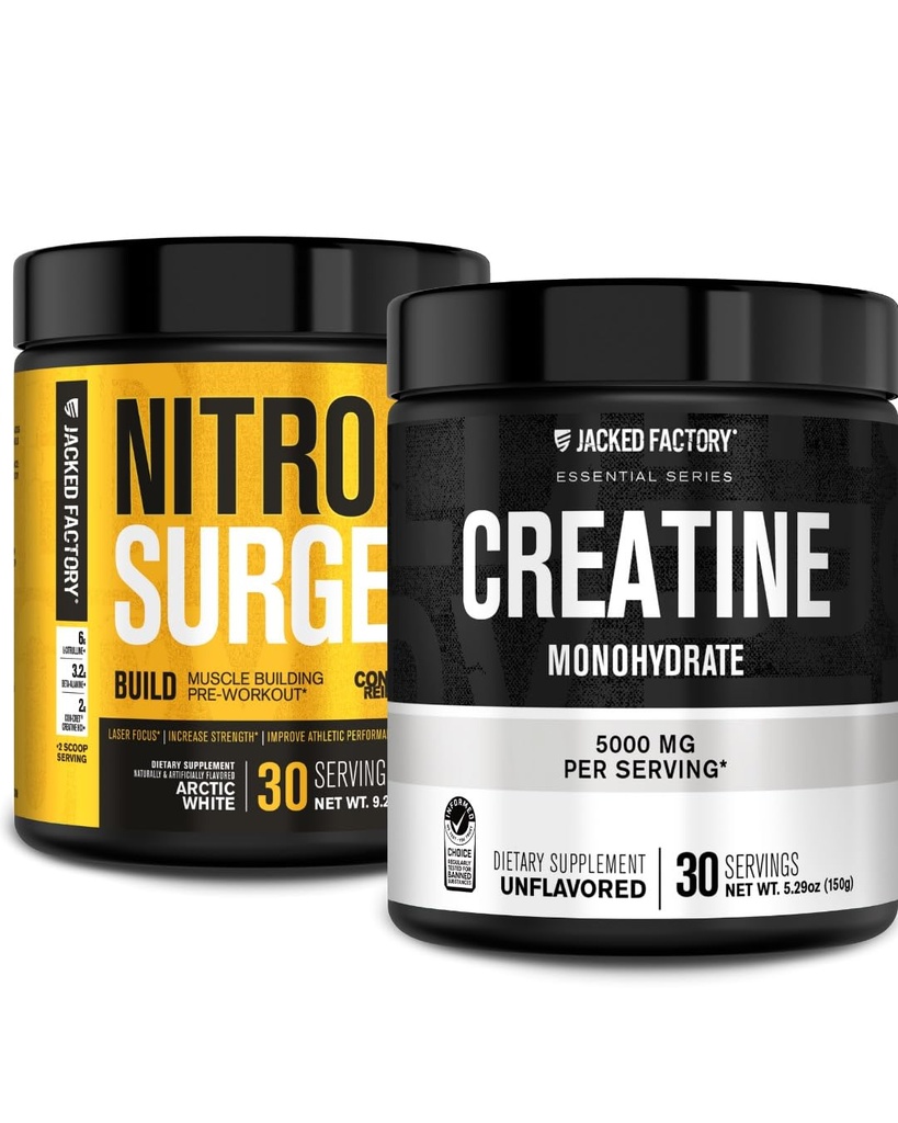 Fabbrica Jacked Nitrosurge costruire pre allenamento con la creatina per la costruzione del muscolo (30 Serve, bianco artico) & polvere di monoidrato della creatina per la crescita del muscolo & forza aumentata (30 Serve, non aromatizzata)