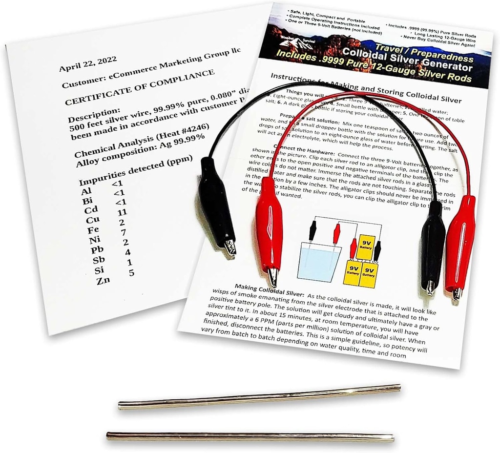 Cavo di Generatore d'Argento Colloidale 99,99% Pure 12-Gauge (0.08 in./2.06 mm) Set di (2) Rod da 4 pollici + Mini/Travel Generator - Include fili + Istruzioni complete