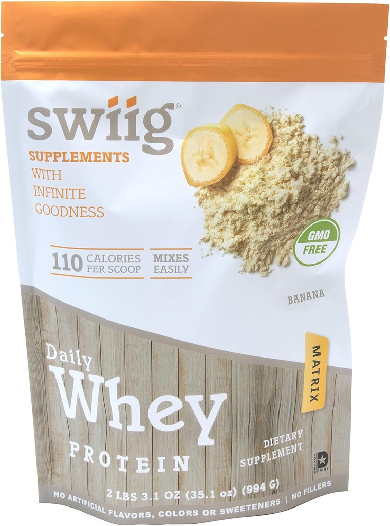 swiig Premium Daily Whey Protein Matrix Banana 2.2 lb – 20g Protein Gluten-Free Non-OGM Nessun filler nessun aroma artificiale potenziato con aminoacidi per il recupero del muscolo