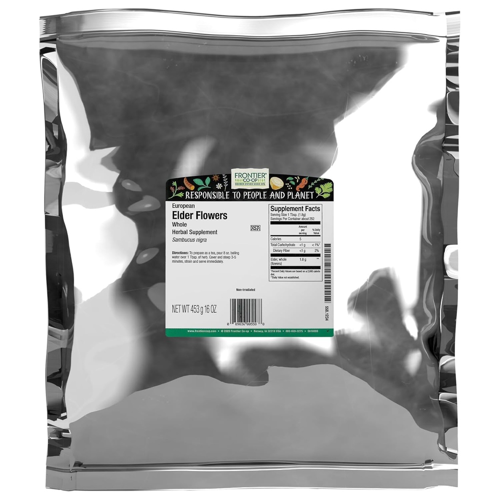 Frontier Co-op Dried Elder Flowers, 1lb Bulk Bag | European Whole Dried Elderflower for Culinary & Herbal Use | Ideale per Elderflower Tea, Kosher