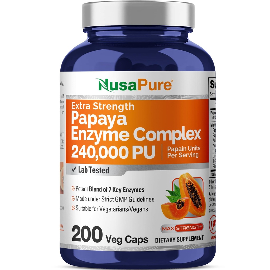 NusaPure Papaya Papain Enzyme Complex 240.000 PU - 200 Caps Veggie - 100% Vegetariano, Non OGM