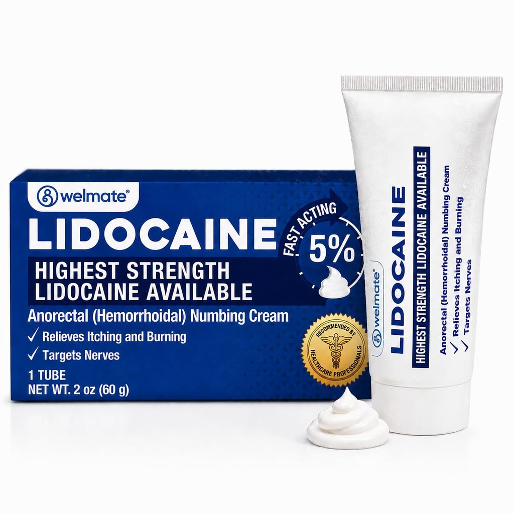 WELMATE - 5% lidocaina Numbing Cream, 2oz (60g) - massima resistenza lidocaina crema - emorroide sollievo - uso esterno anestetico, vitamina E - bambino resistente - cura della pelle Topical