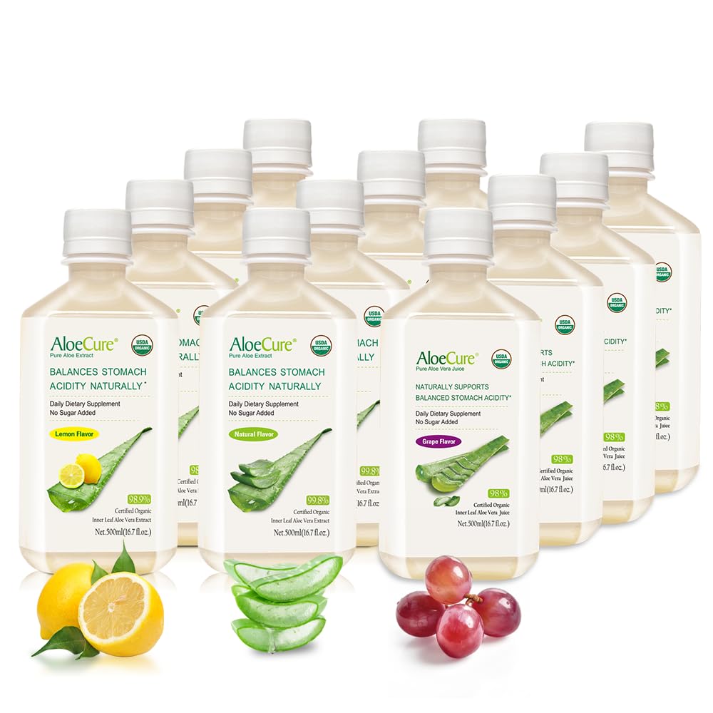 AloeCure Organic Aloe Vera Juice - 12 Bottiglia Sample Pack - Uva, Limone, Natural Flavor, 12x500ml