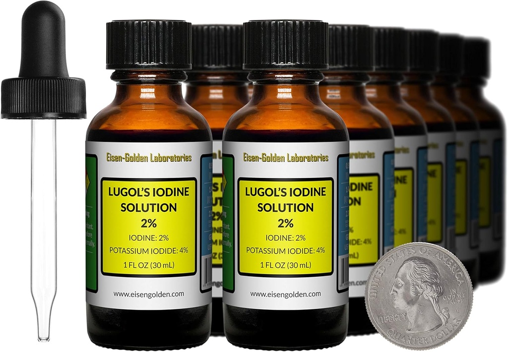 Iodio di Lugol / 2% Soluzione / 12 Oz in Dodici Bottiglie di vetro di ambra / Gocce libere / USA