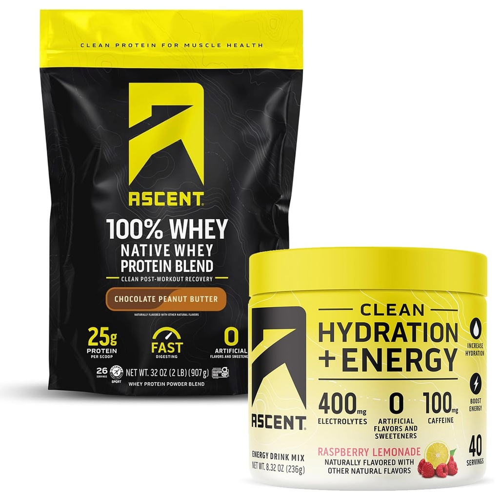 Ascesa 100% polvere di proteine del siero di latte, burro di arachidi di cioccolato 2 lb & idratazione + elettroliti di energia, limonata di lampone 40 selezioni