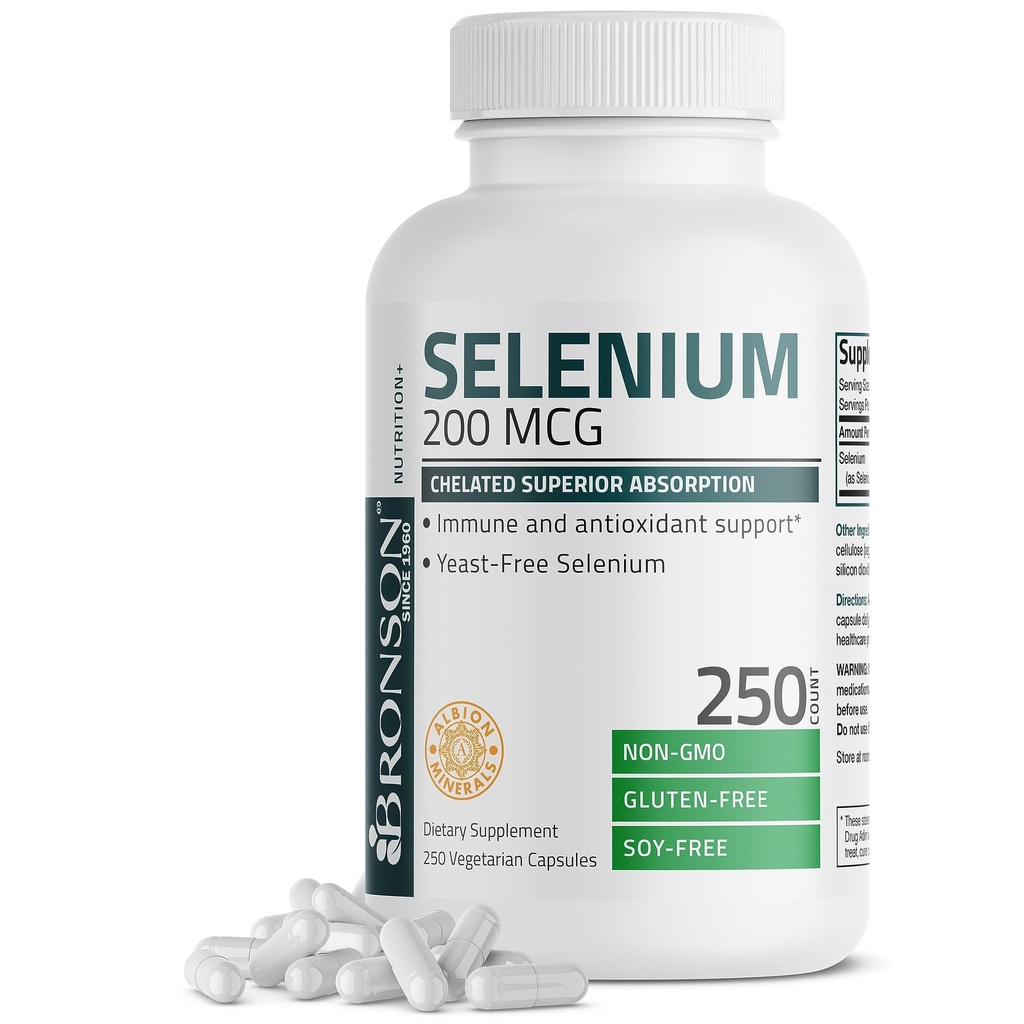 Bronson Selenium 200 mcg – Complesso di amminoacidi disilati senza lievito - Minerale di vassoio essenziale con assorbimento superiore, 250 capsule vegetariane