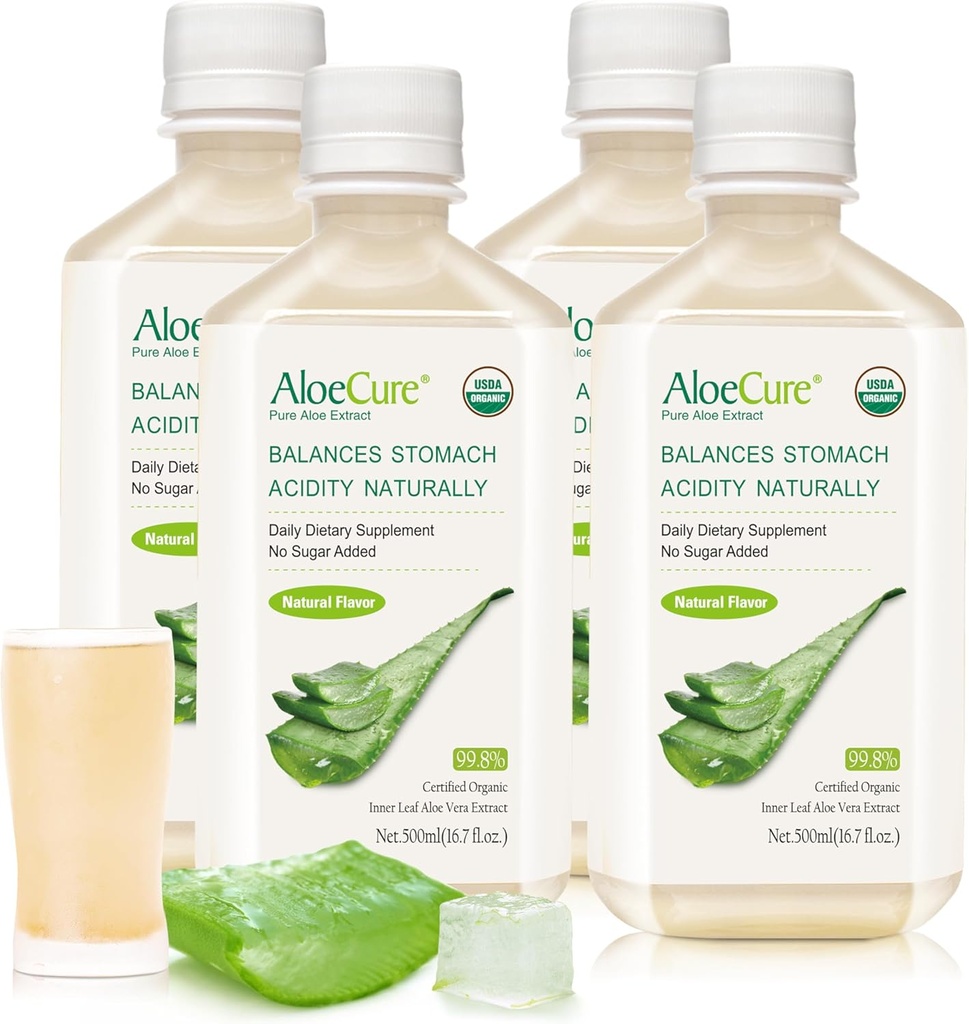 AloeCure USDA Organic Aloe Vera Juice Made In 12 Hrs of Harvest - Pure Aloe Juice Supplemento digestivo naturale per sostenere la digestione, il sistema immunitario e l'acidità di stomaco bilanciata, 4 x 500ml Bottiglie