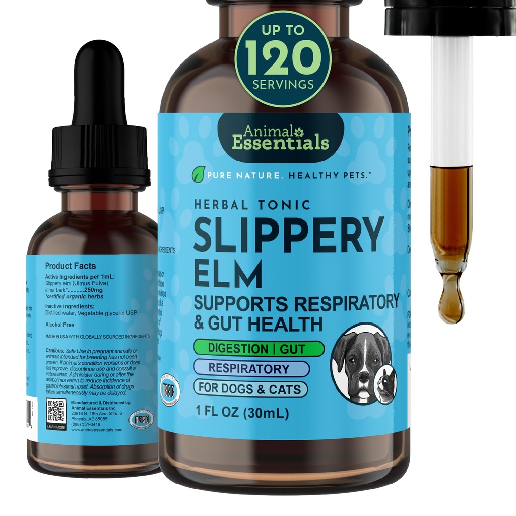 Animal Essentials Slippery Elm - Slippery Elm Bark Anti Diarrhea Gocce per cani e gatti, Estratto di erbe organico per Gut sano, Digestivo & Throat Support, Aiuta il Reflux acido, Formula liquida 1 fl oz