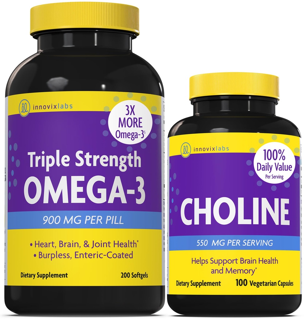 InnovixLabs Choline & Triple Omega-3 Bundle Choline Bitartrate 550mg (100 capsule) Triple Strength Omega (200 Softgels). Supporta la memoria, l'umore, la salute del cervello & Boost cognitivo.*