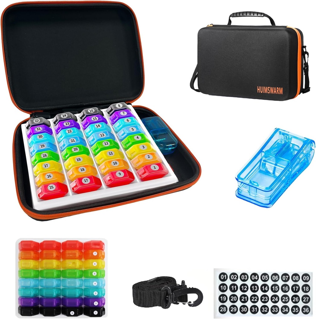 Organizzatore mensile 1Time A Day,Pill Organizer Monthly 1Time A Day con 32 Compartments&1Pill Cutter&1Travel Case&1Shoulder Straps&2PCS 31 Days Sticker. Comoda maniglia, senza BPA.