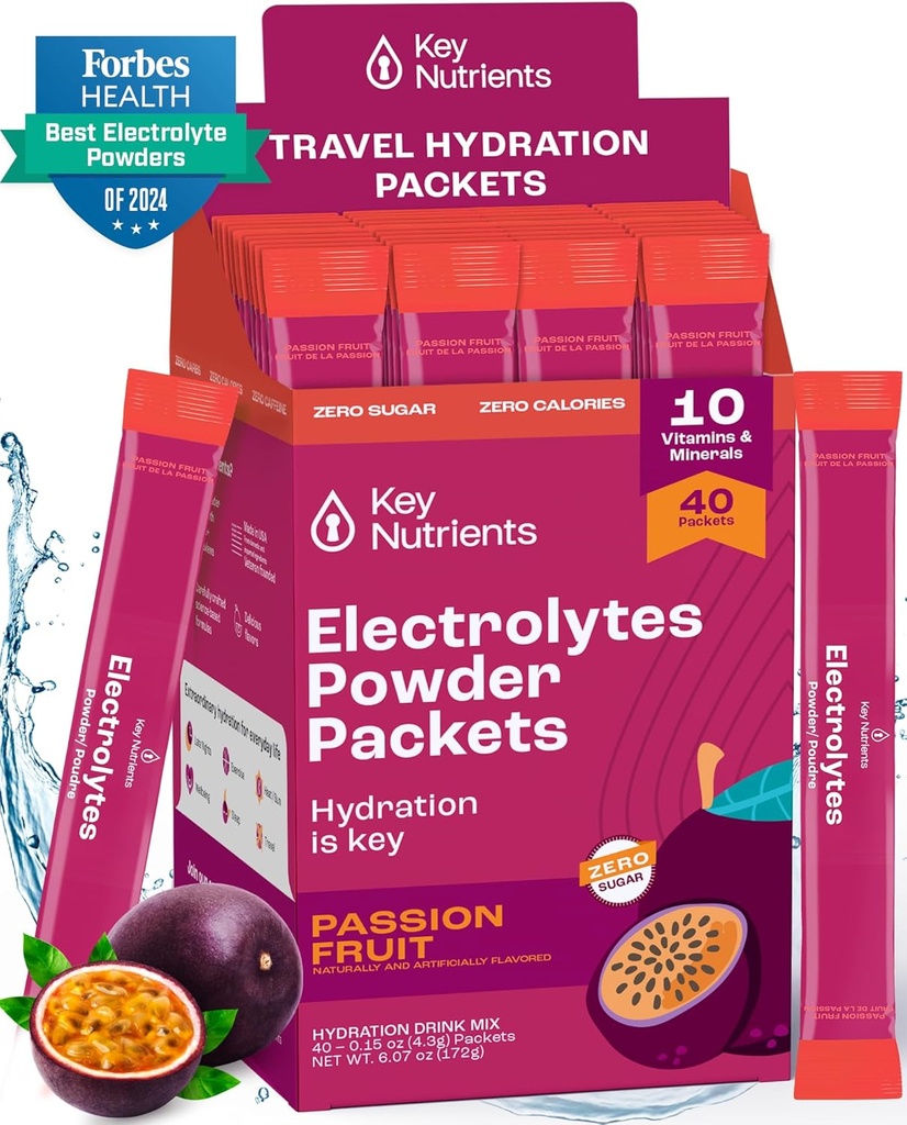 KEY NUTRIENTs Multivitamin Electrolytes Powder Packets - Delicious Passion Fruit 40 Pack Hydration Pack Pack Pack Pack - Polvere di idratazione di viaggio - No Sugar, No Calories, Gluten Free - Made in USA