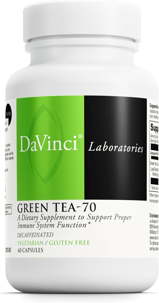 DaVinci Labs Green Tea-70 - Integratore alimentare per sostenere il sistema immunitario, la salute cardiovascolare e il colesterolo - Con Estratto di tè verde - Decaffeinato - Gluten-Free -60 capsule vegetariane