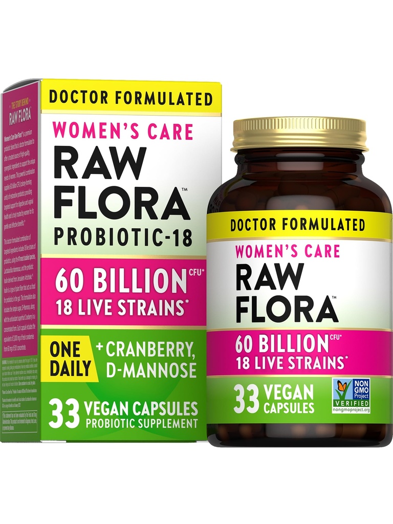 Probiotici Raw Flora Donna | Dr. Formulato 60 miliardi di CFU + Prebiotici | Supporto vaginale e urinario | 33 capsule vegane con mirtillo & D-Mannose | Shelf Stable