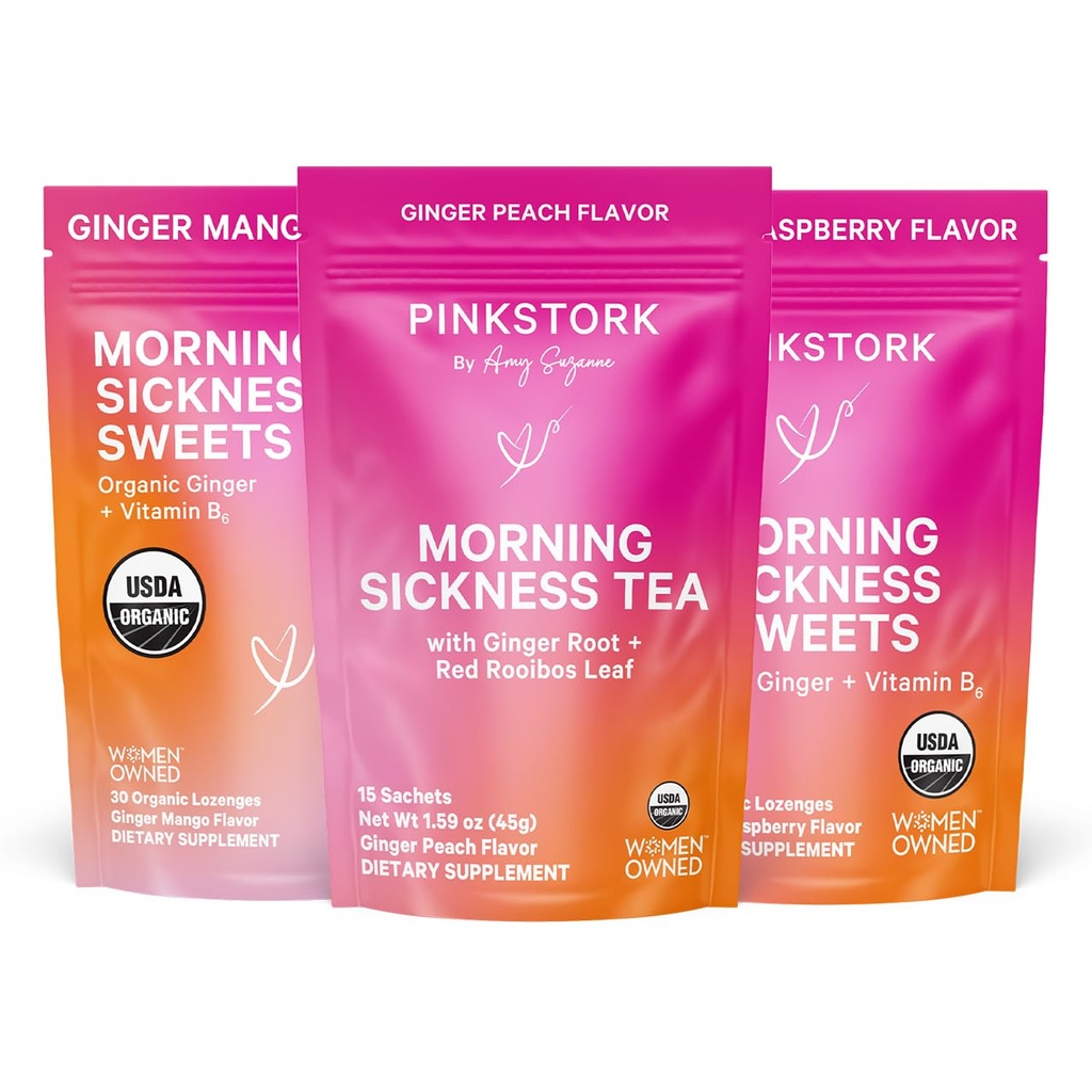 Pink Stork Morning Sickness Relief Kit – 3-Piece Bundle con Organic Ginger Peach Tea, B6 Sweets, Ginger Lozenges – Supporto per la gravidanza, First Trimester Essentials, Regalo per le donne incinte