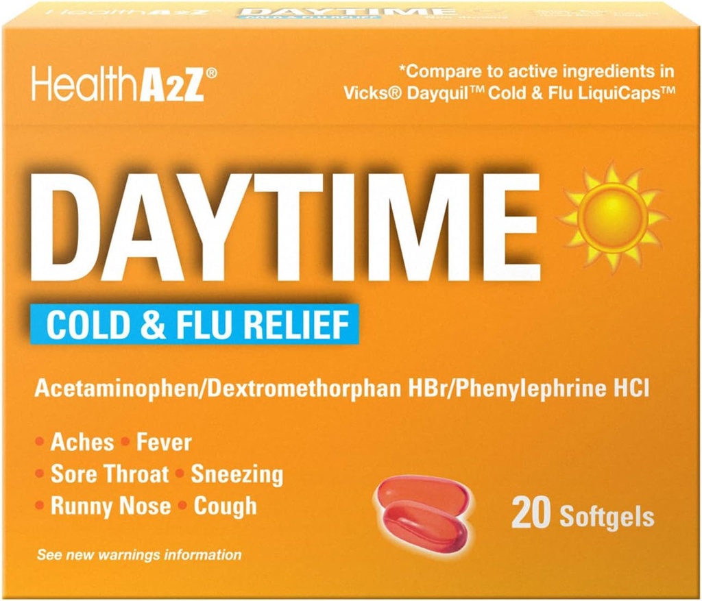 HealthA2Z® Daytime | Cold & Flu Medicine | Potente Multi-Symptom Daytime(20 Softgels) (Daytime Cold & Flu Medicine (20 Count Pack of 1))