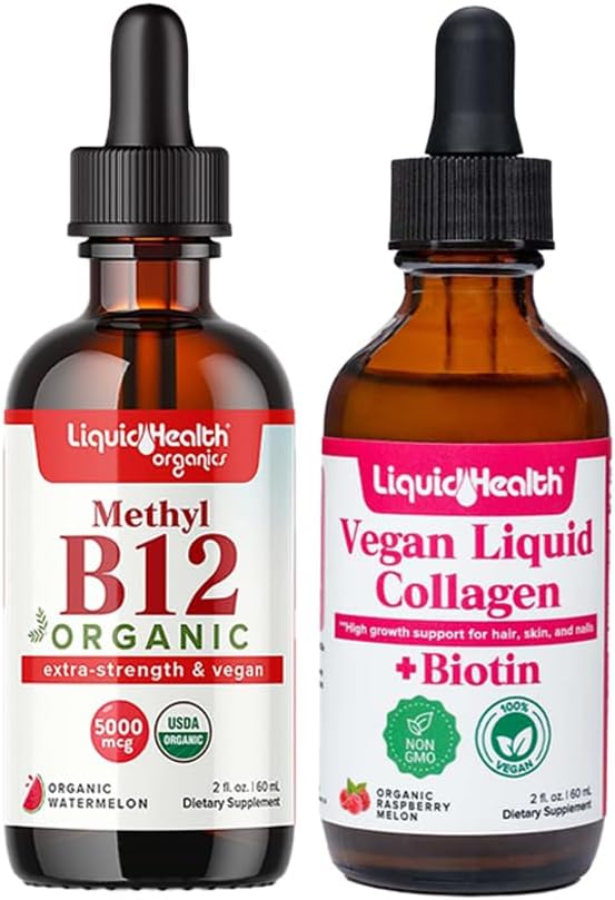 LIQUIDHEALTH Organic Methyl B12 5000mcg Vitamin Drops with Tart Cherry Juice & 100% Vegan Plant-Based Collagen Plus Biotin Drops - Natural Energy Boost, Migliorare il fuoco, Hair & Nail Growth, Salute della pelle