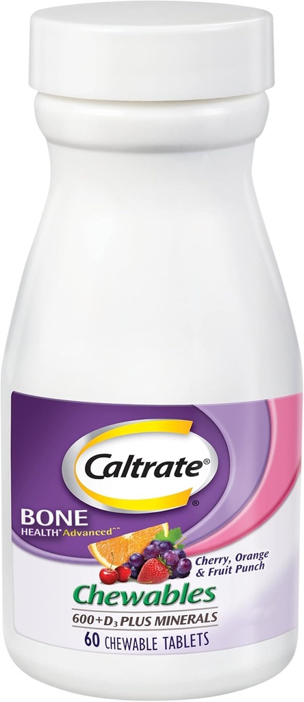 Caltrate Chewables 600 Plus D3 Plus Minerals Calcium Vitamin D Supplemento, Ciliegia, Arancione e Frutta Punch - 60 Conte