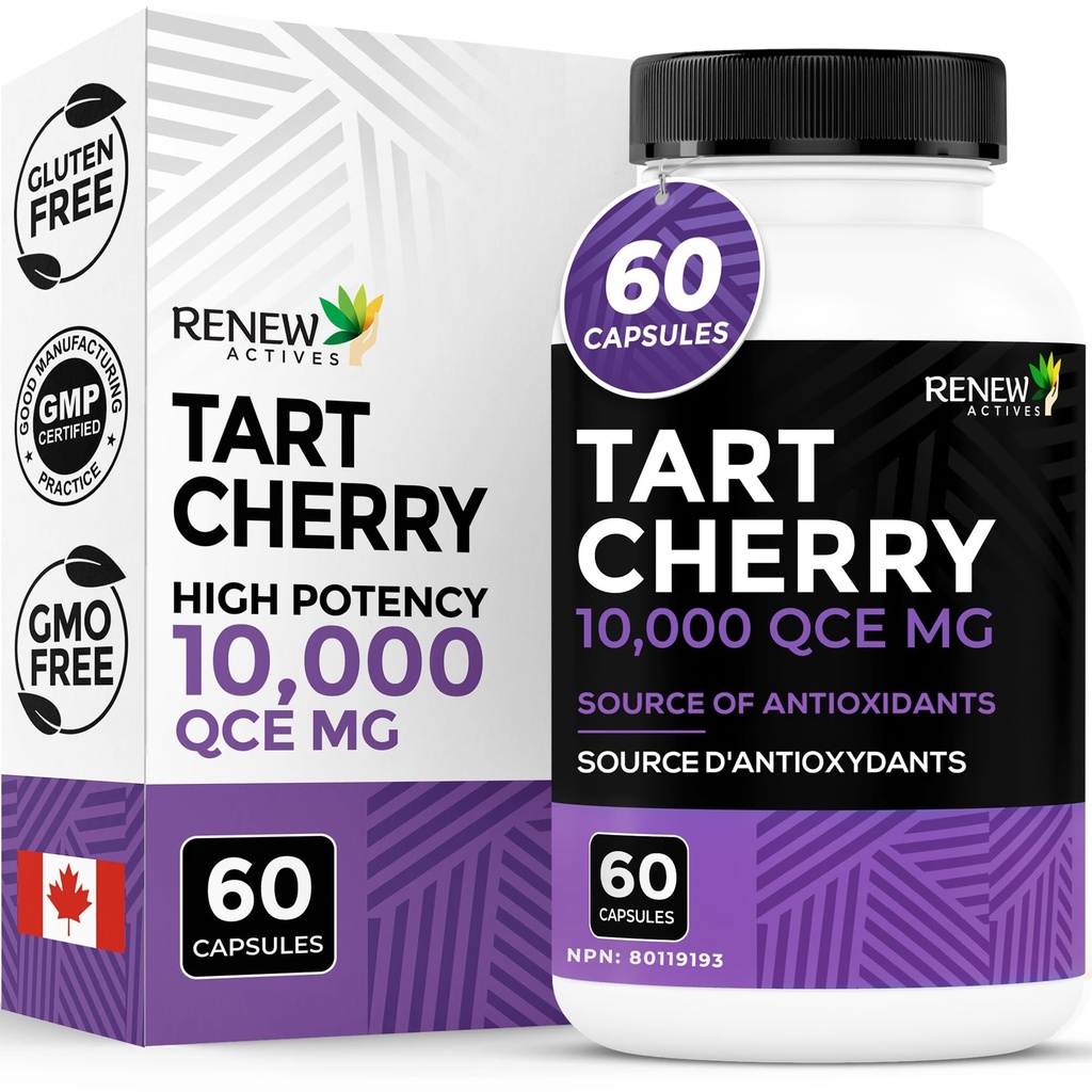 Renew Actives Tart Cherry Extra 500mg per 2 capsule – Antiossidante ad alta potenza per la protezione e il benessere radicali liberi – 60 capsule Easy-to-Swallow – Made in Canada