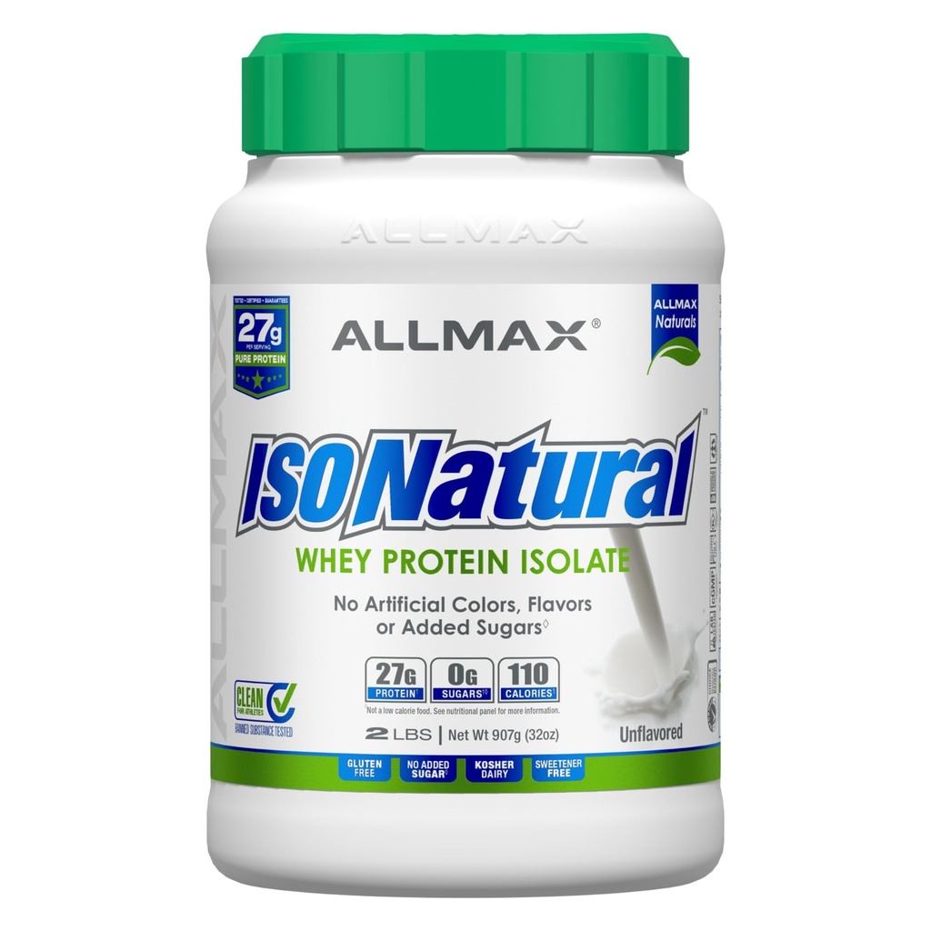 ALLMAX Nutrition ISONATURALE Isolato di proteine del siero, non aromatizzato - 2 lb - 27 grammi di proteine per Scoop - Zero Fat & Sugar - 99% Lattosio Libero - con prebiotici - No aromi artificiali - 31 Serve