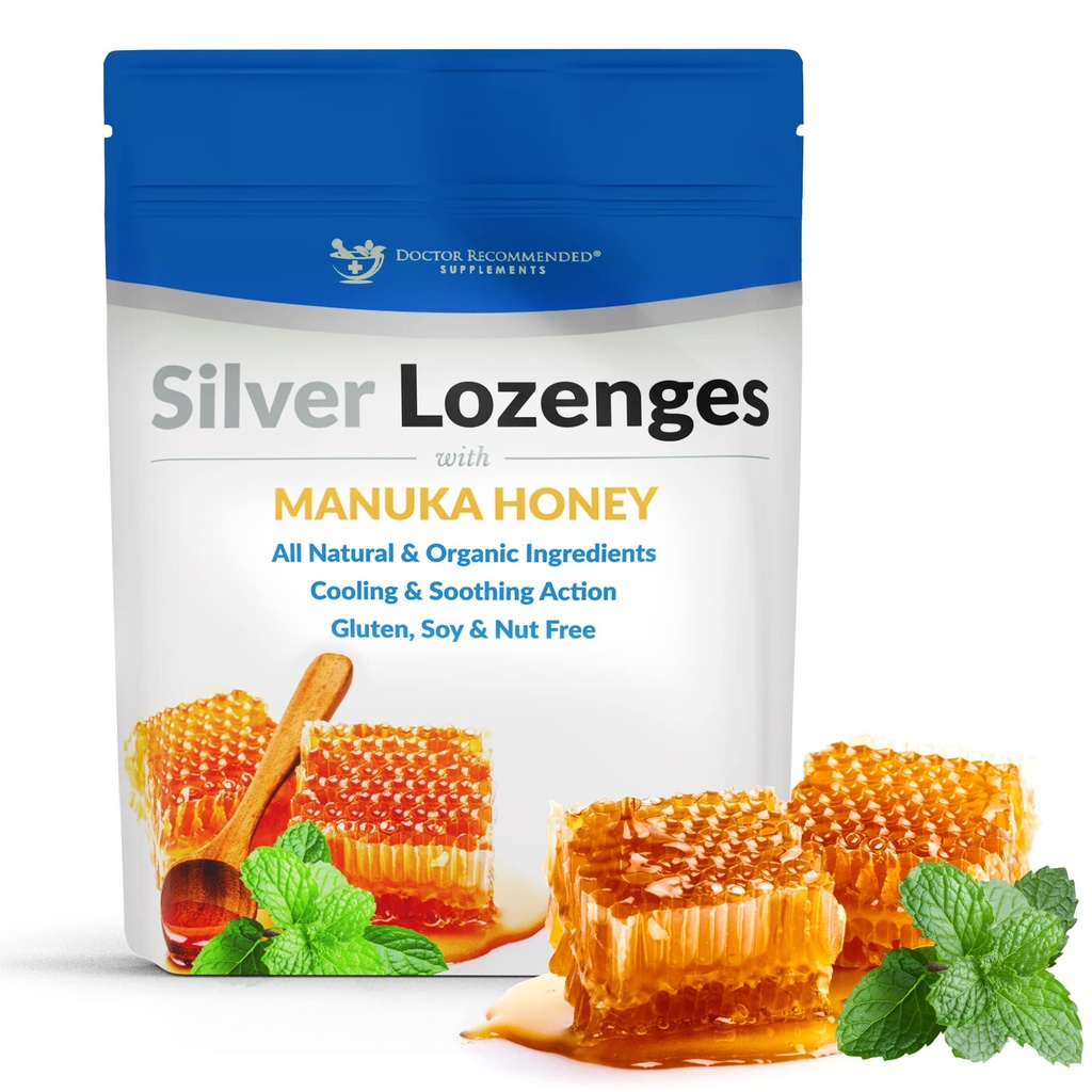 Destinazioni Argento con Miele Manuka Organico e Vitamina C - All-Natural Nano Argento 45-50mcg di 60 PPM Gocce minerali Colloidali d'argento per sostenere Immune System, Soothe, Cool Cough & Throat, 24-Lozenges