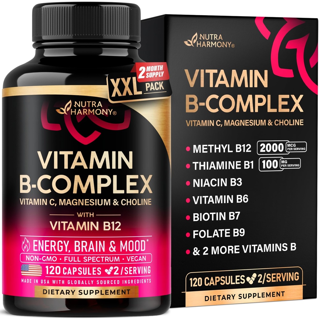 Complesso di vitamina B per uomini e donne - Made in USA - B-Complex: B1, B2, B3, B5, B6, B7, B8, B9, B12 con vitamina C, Choline, Inositol - Energy, Brain & Heart Support Supplement, 120 capsule vegane