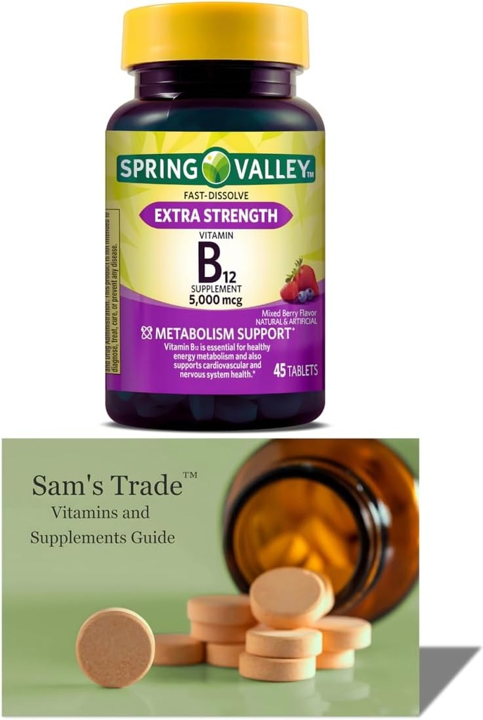 Vitamina B12| Tabelle di dissolve rapida Supplemento alimentare| Vitamina B12 5000 mcg |B Vitamine |Vitamina B12 Complesso per le donne e gli uomini |45 Compresse| Aroma di bacche miste + Guida alle vitamine di Sam